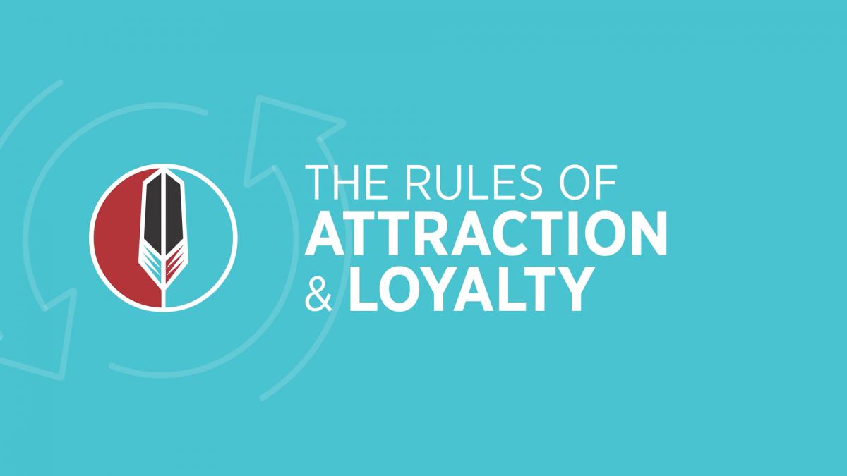 Graphic featuring arrows and people illustrating attraction and loyalty