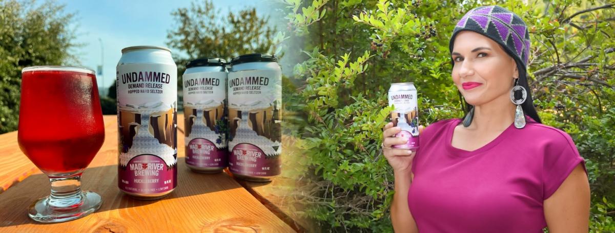 A can of Undammed Huckleberry Seltzer on the left and a woman enjoying a glass of it on the right.