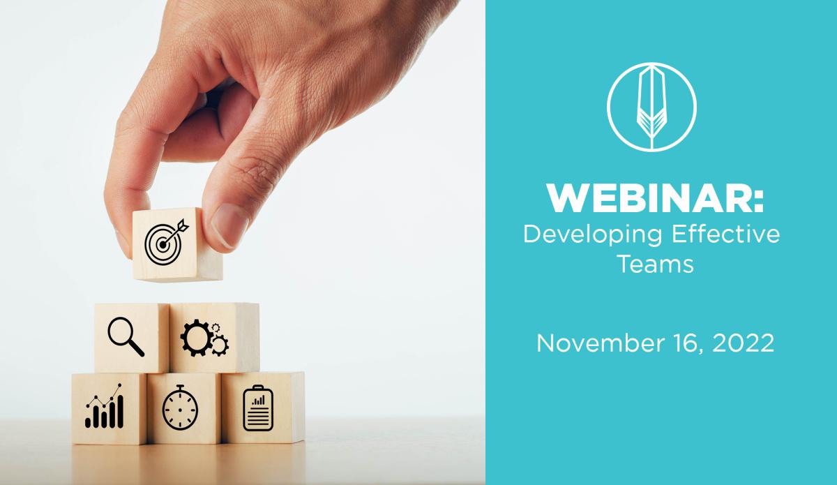 Image of hand building a block tower with team building icons. 