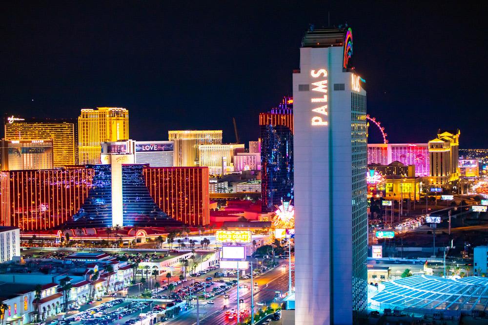 Outside picture of The Palms hotel and the Vegas strip